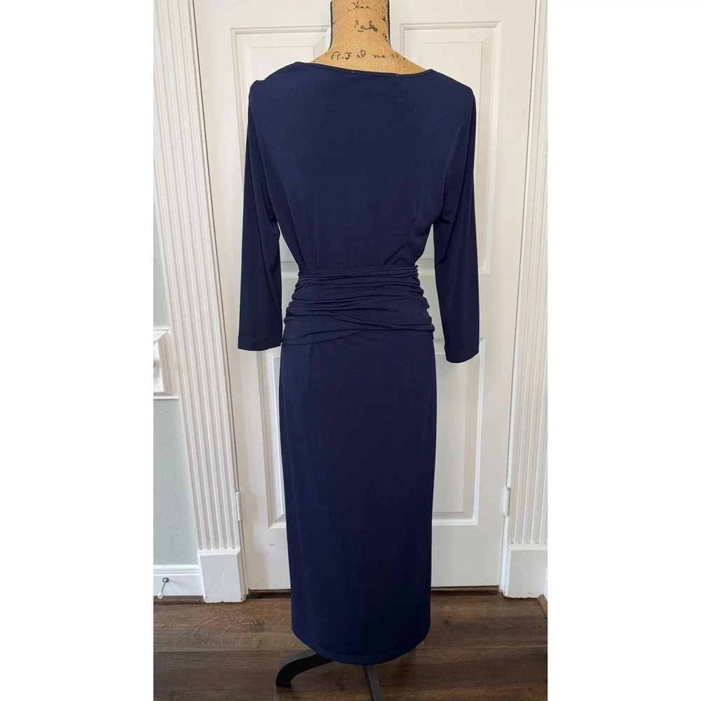Boston Proper Navy Blue Maxi Dress 3/4 Sleeve Brown Croc Belted Ruched Size M - Picture 4 of 8